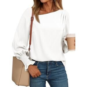 EVALESS Blouses for Women Dressy Casual Pleated Long Sleeve Tops Asymmetrical